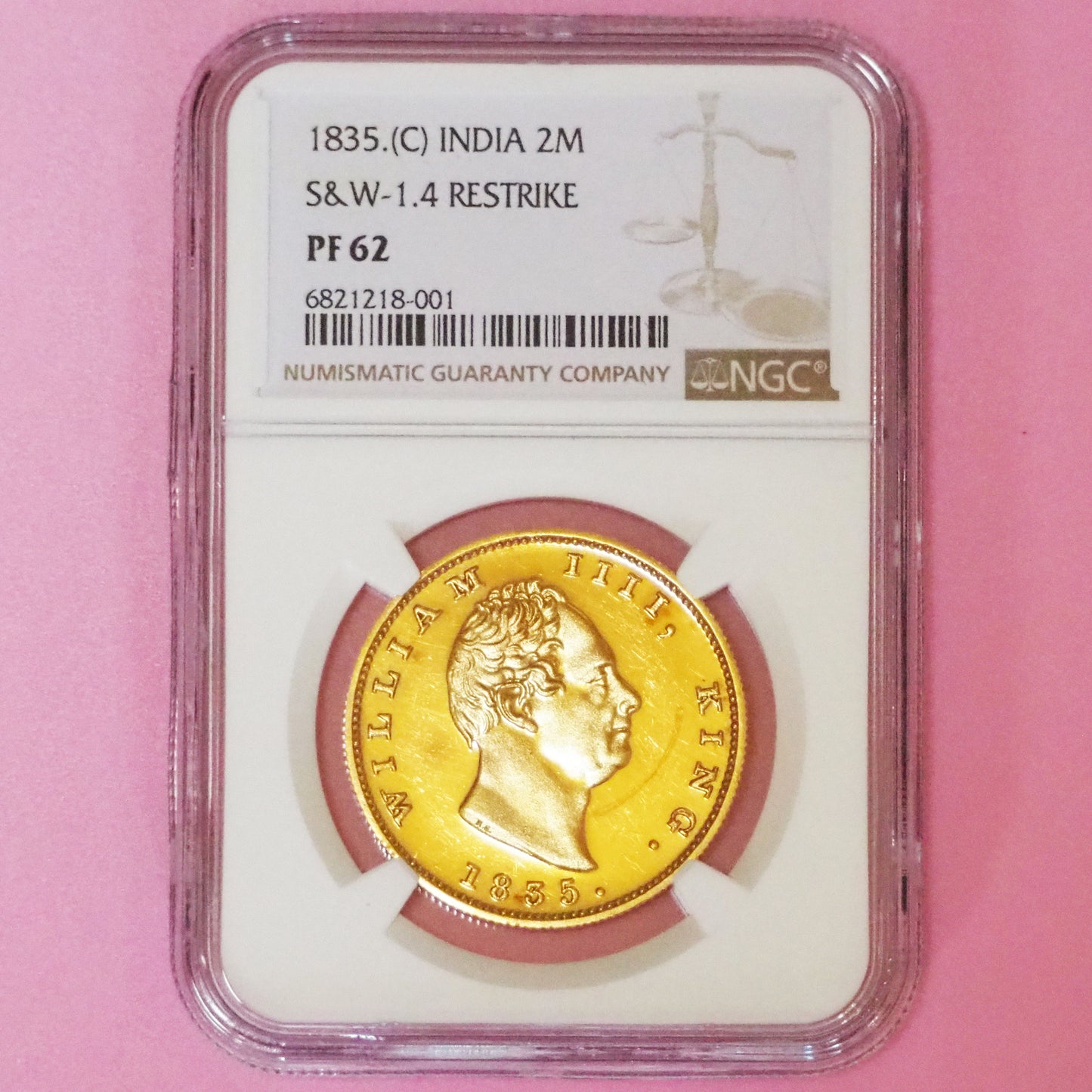 【激推し!激レア入手困難‼】イギリス領インド 2モハール金貨 ウィリアム・ワイオン 1835 RESTRIKE PF62