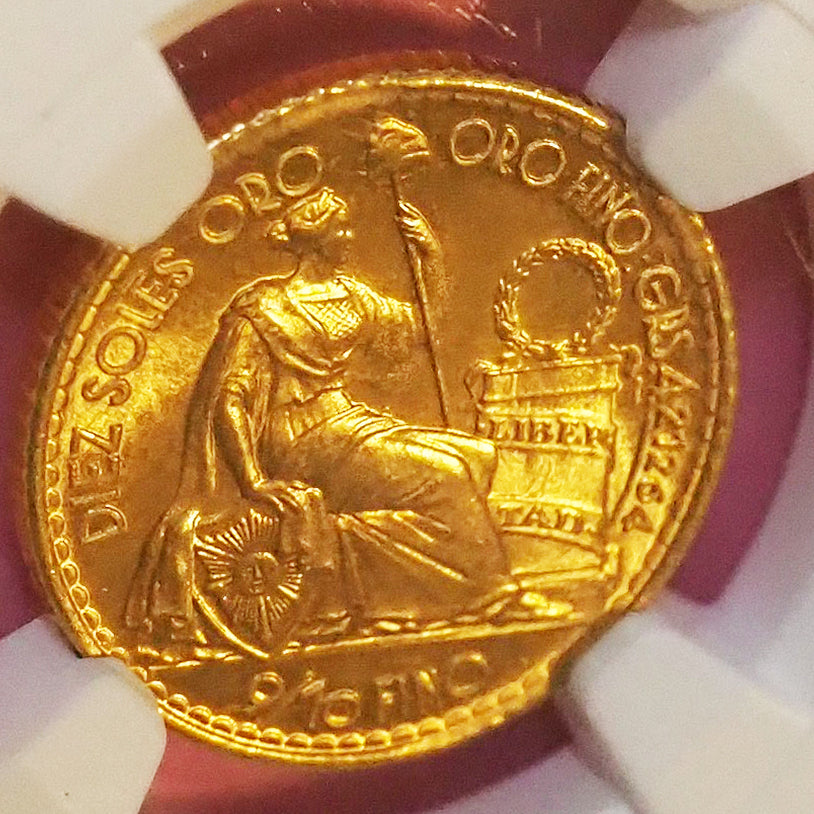 【可愛いサイズのトップ鑑定】ペルー 10ソル金貨 シーテッド・リバティー 1963 MS67