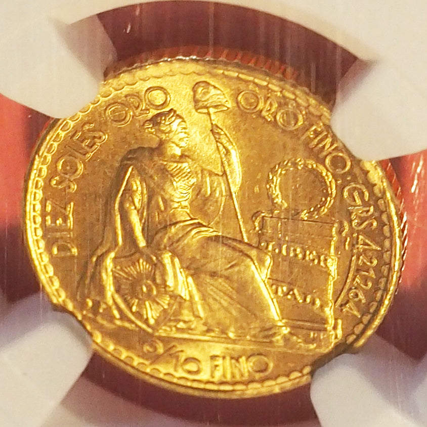 【可愛いサイズのトップ鑑定】ペルー 10ソル金貨 シーテッド・リバティー 1963 MS67