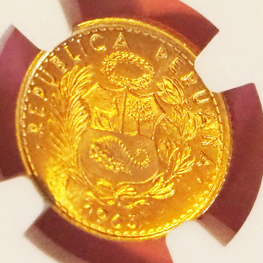 【可愛いサイズのトップ鑑定】ペルー 10ソル金貨 シーテッド・リバティー 1963 MS67