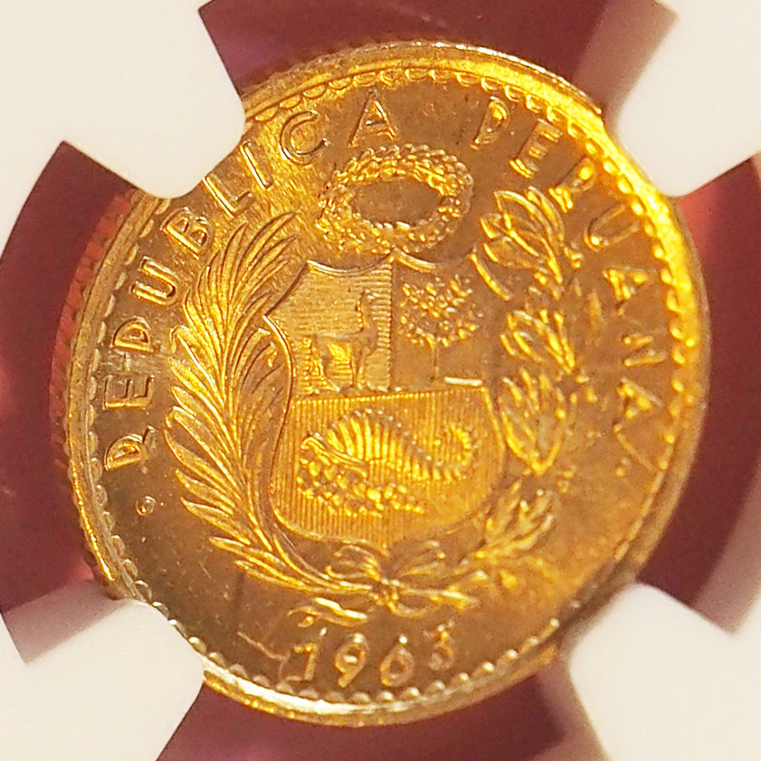 【可愛いサイズのトップ鑑定】ペルー 10ソル金貨 シーテッド・リバティー 1963 MS67
