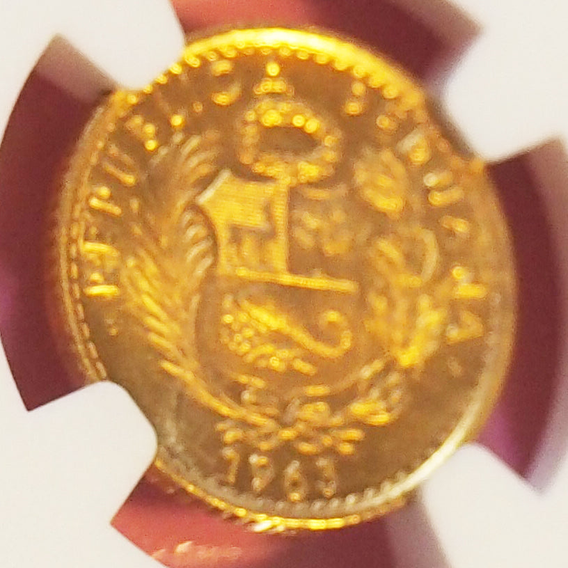 【可愛いサイズのトップ鑑定】ペルー 10ソル金貨 シーテッド・リバティー 1963 MS67