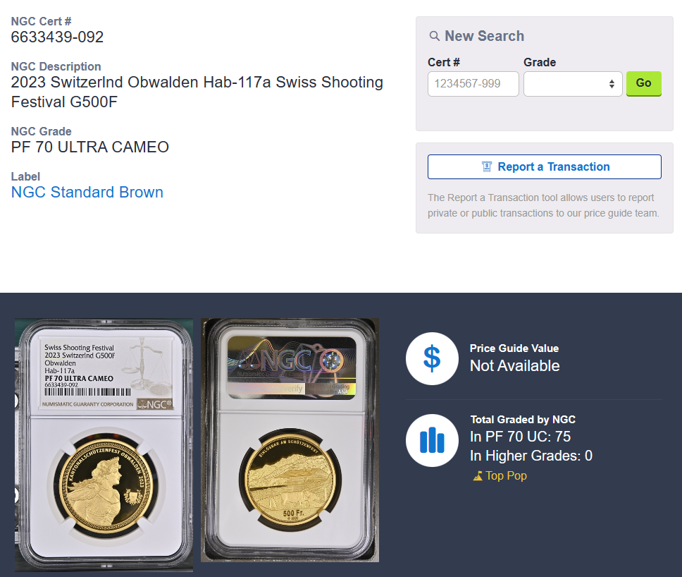 スイス 500フラン金貨 オプヴァルデン 現代射撃祭 PF70 ULTRA CAMEO ( NGC )