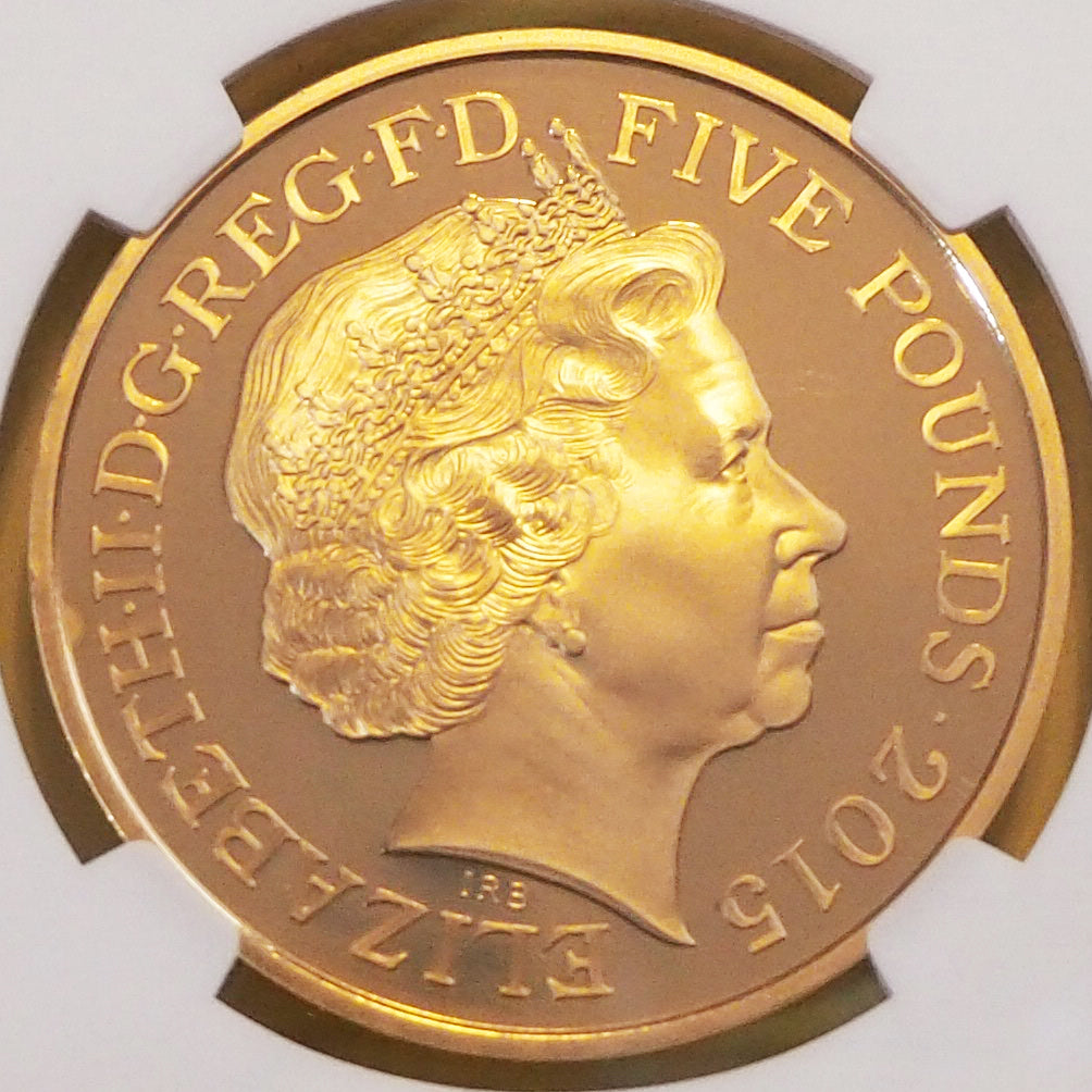 【プルーフ最高鑑定】イギリス 5ポンド金貨 ウィンストン・チャーチル エリザベス2世 2015 PF70 ULTRA CAMEO