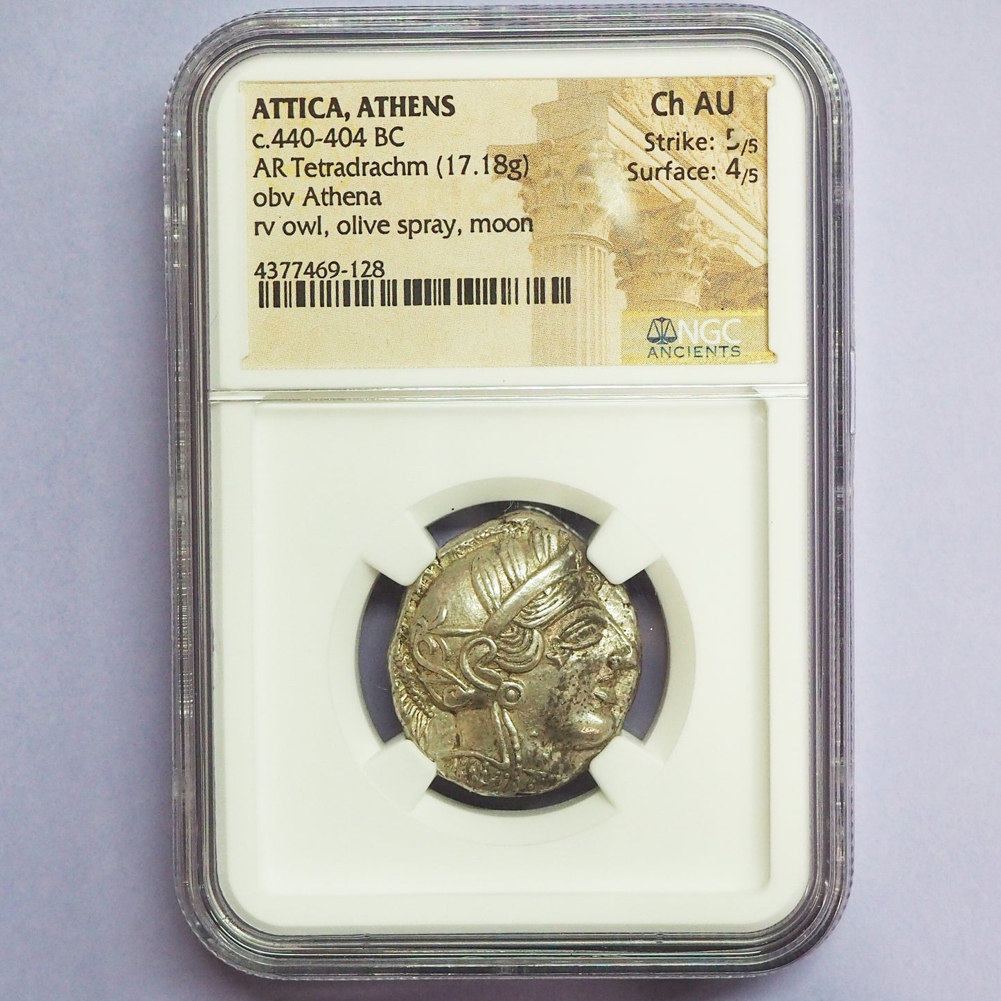 【Chで愉しさ増す古代コイン】ギリシャ テトラ・ドラクマ銀貨 c.440-404BC Ch AU5/5,4/5