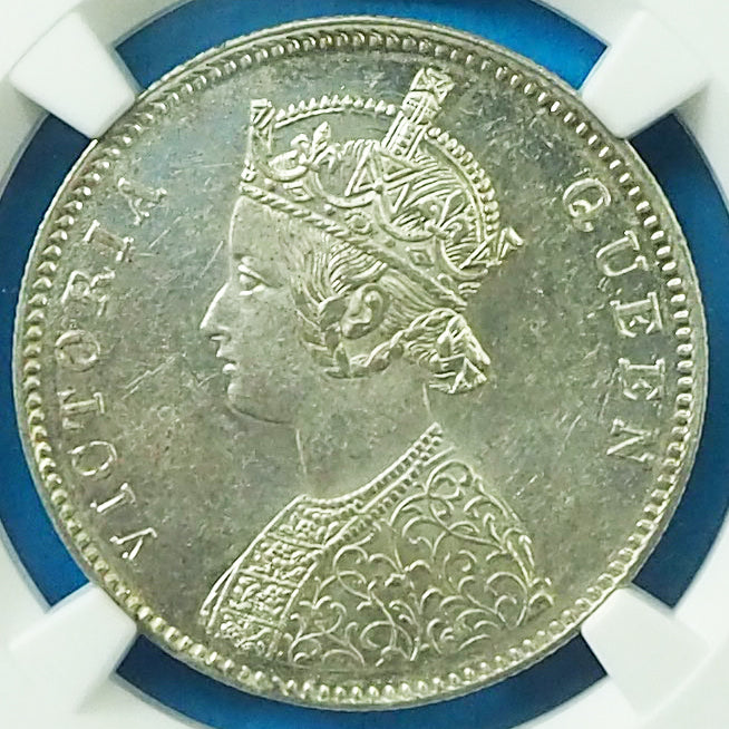 【星10個のレアタイプ】イギリス領インド ルピー銀貨 ヴィクトリア 1862(B) MS62