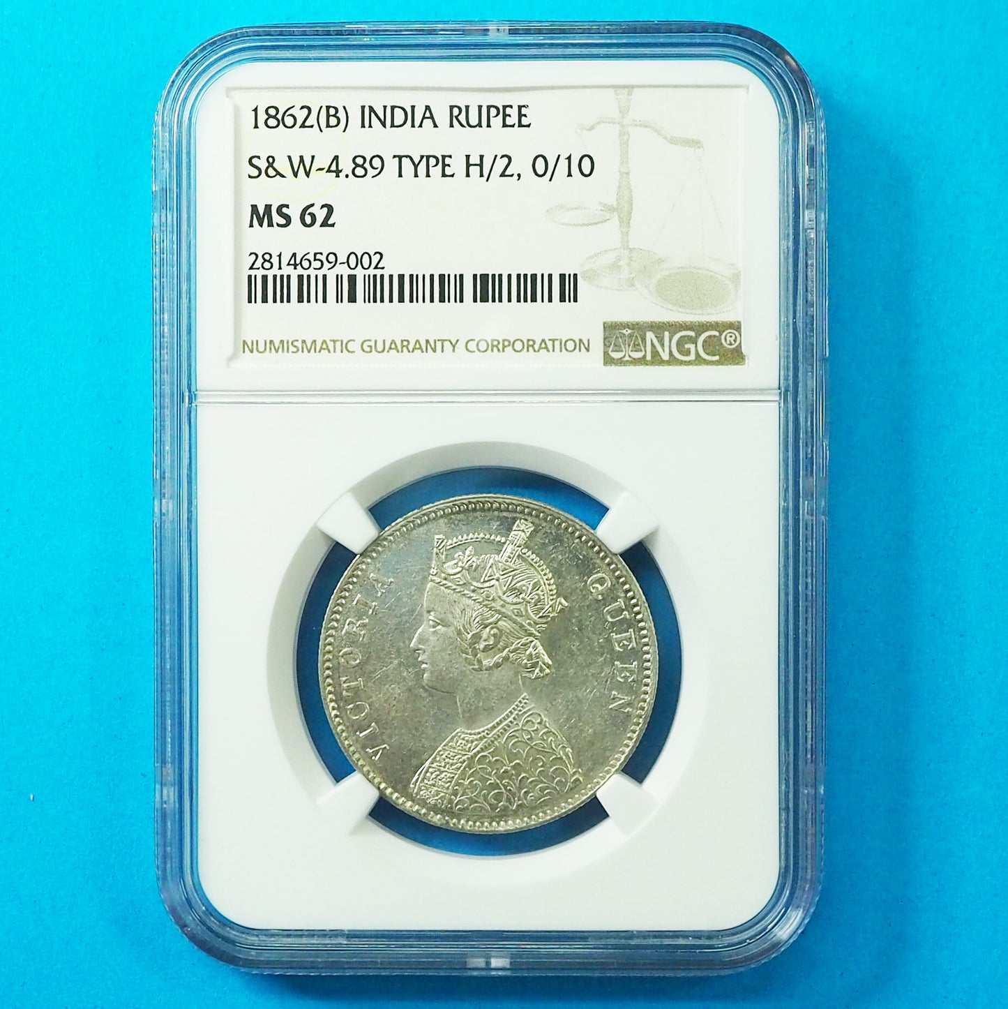 【星10個のレアタイプ】イギリス領インド ルピー銀貨 ヴィクトリア 1862(B) MS62