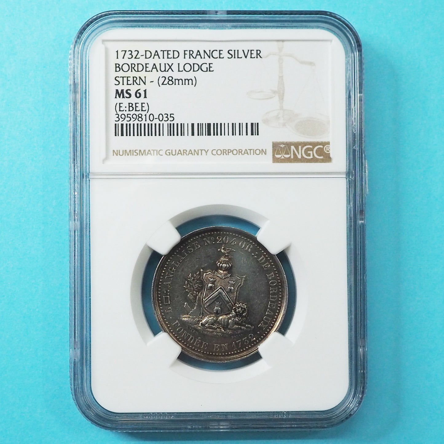【高注目度のフリーメイソン】フランス ジェトン銀貨 フリーメイソン プロビデンス 三位一体△マーク 1732 MS61