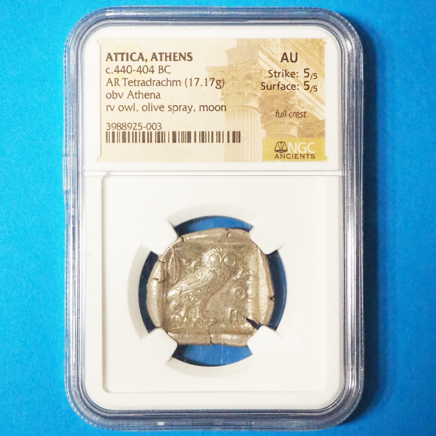 【超稀少AU/Wフルカウント】ギリシャ テトラ・ドラクマ銀貨 c.440-404BC AU5/5,5/5 フルクレスト