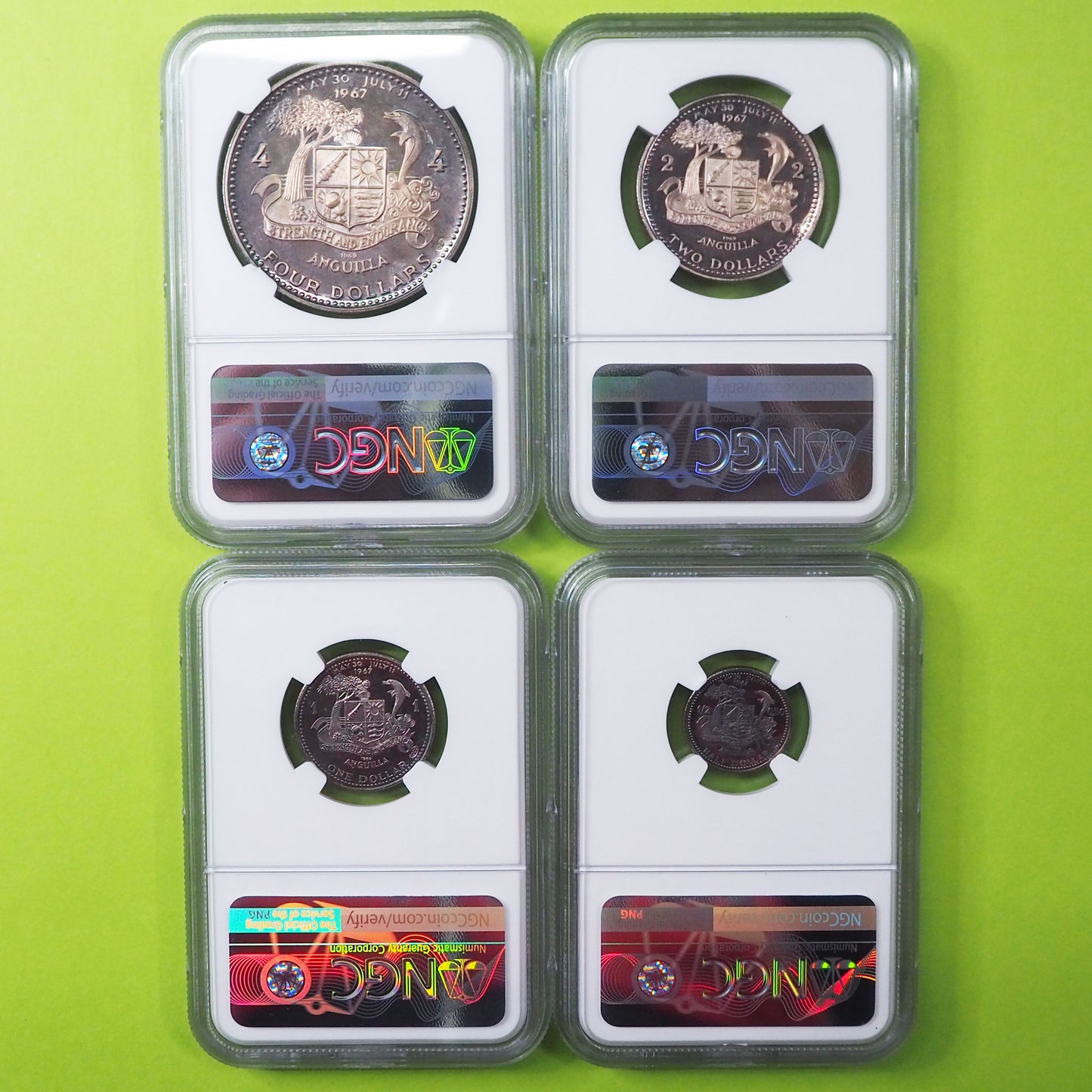 🆙新価格📰<4枚セット>アンギラ 4ドル~50c銀貨 プルーフ 帆船,国旗,国土,都市景観 1969 全てハイクラス TOPPOP 2種 PF67UC、PF65CAM(NGC)
