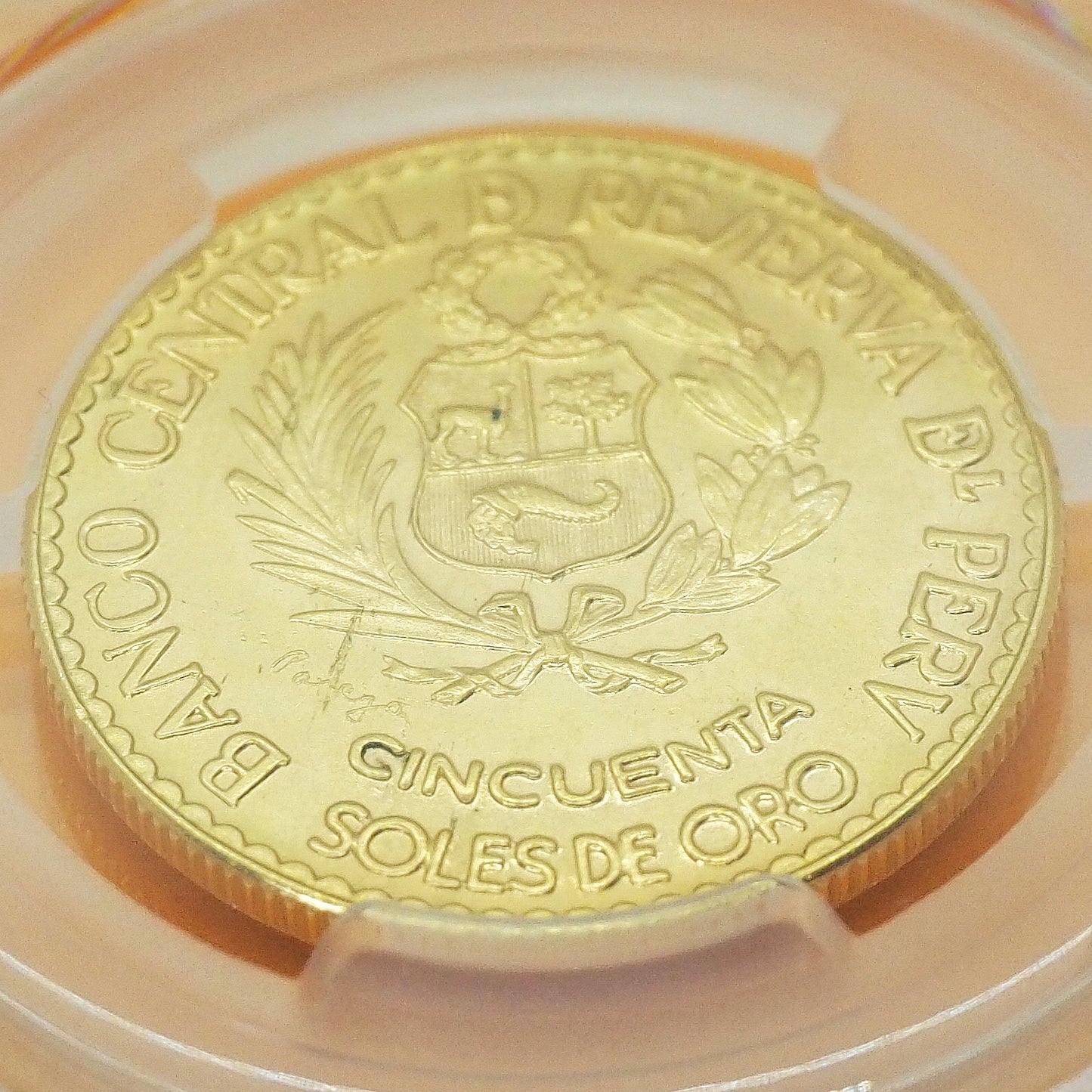 ペルー 50ソル金貨 ワン・イヤー/単年度発行 「リマ国立造幣局」創立400周年記念 ヘラクレスの柱 紋章 1965 準最高鑑定MS67(PCGS)