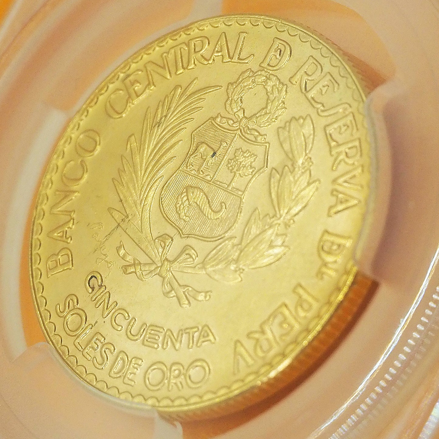 ペルー 50ソル金貨 ワン・イヤー/単年度発行 「リマ国立造幣局」創立400周年記念 ヘラクレスの柱 紋章 1965 準最高鑑定MS67(PCGS)