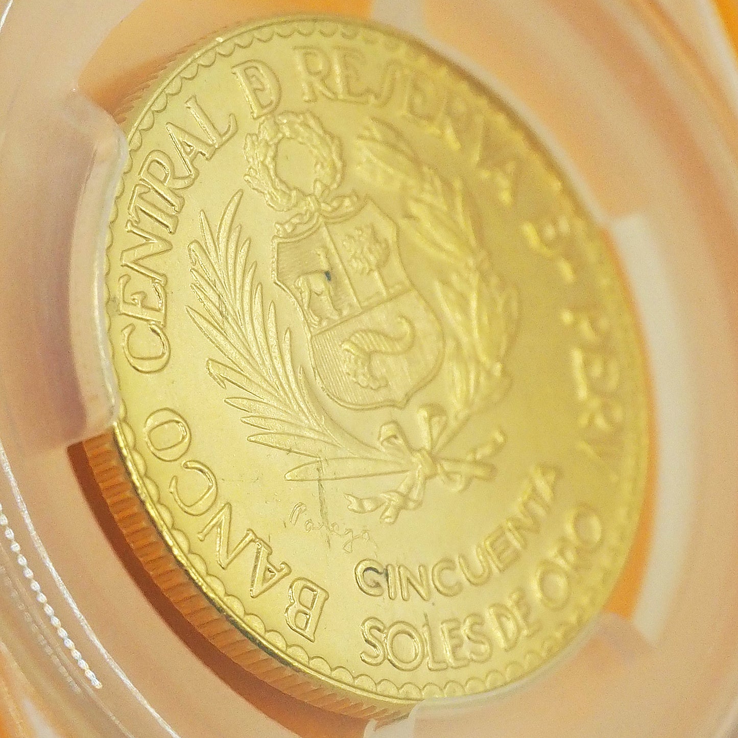 ペルー 50ソル金貨 ワン・イヤー/単年度発行 「リマ国立造幣局」創立400周年記念 ヘラクレスの柱 紋章 1965 準最高鑑定MS67(PCGS)
