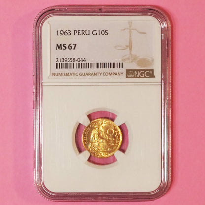 【可愛いサイズのトップ鑑定】ペルー 10ソル金貨 シーテッド・リバティー 1963 MS67