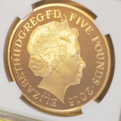 【プルーフ最高鑑定】イギリス 5ポンド金貨 ウィンストン・チャーチル エリザベス2世 2015 PF70 ULTRA CAMEO