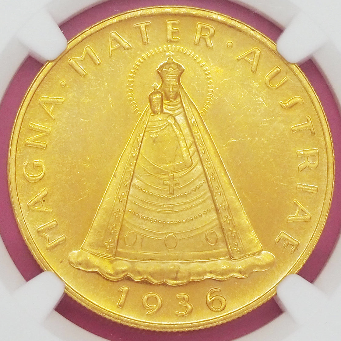 オーストリア １００シリング金貨 奇跡を起こすマリア像「マドンナ」不死身の意味を持つ「双頭の鷲」 金品位G0.900 1936 高鑑定PL64（NGC）