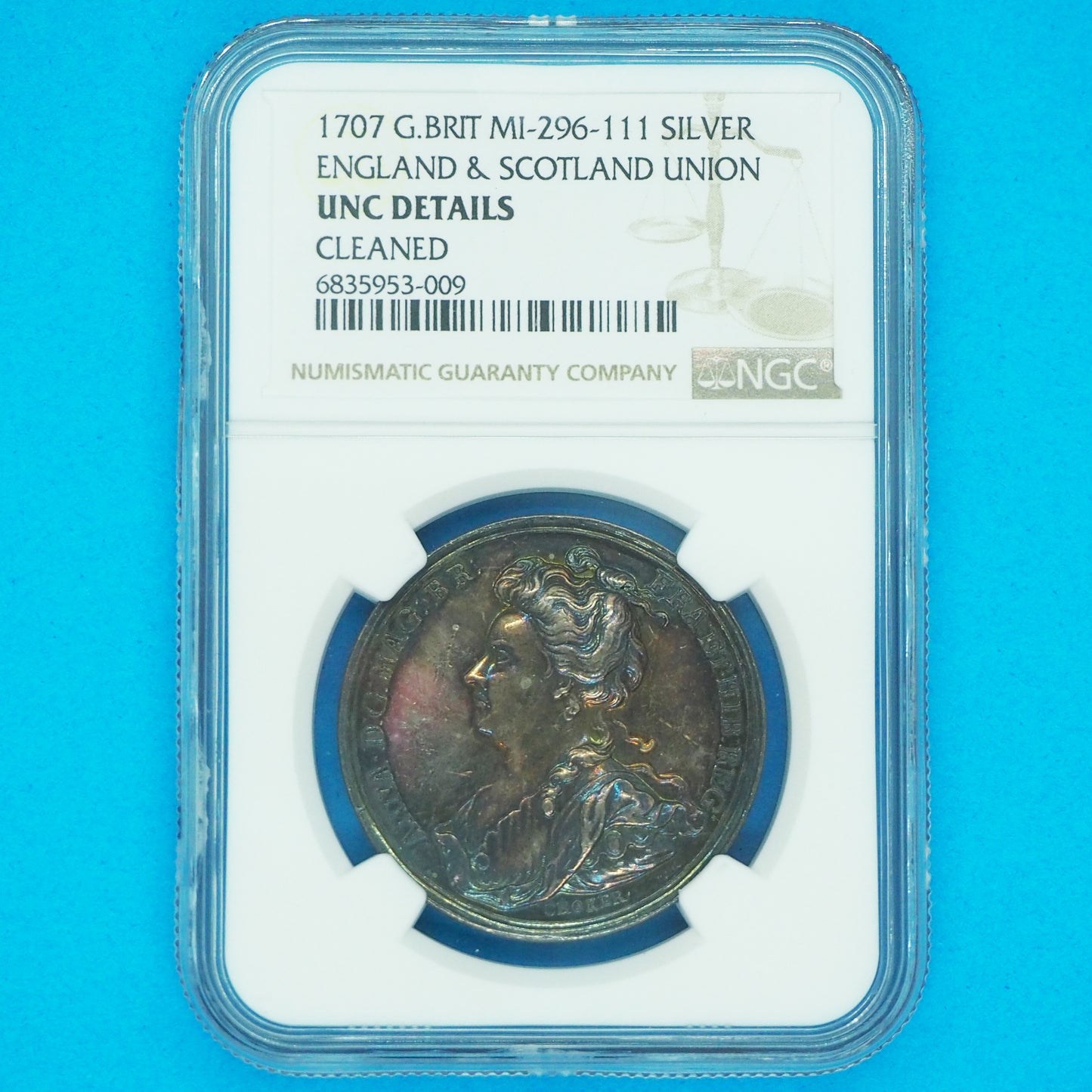 イギリス シルバーメダル アン女王 イングランド＆スコットランド ユニオン 連合記念 1707 UNC DETAILS CLEANED（NGC）