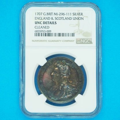 イギリス シルバーメダル アン女王 イングランド＆スコットランド ユニオン 連合記念 1707 UNC DETAILS CLEANED（NGC）